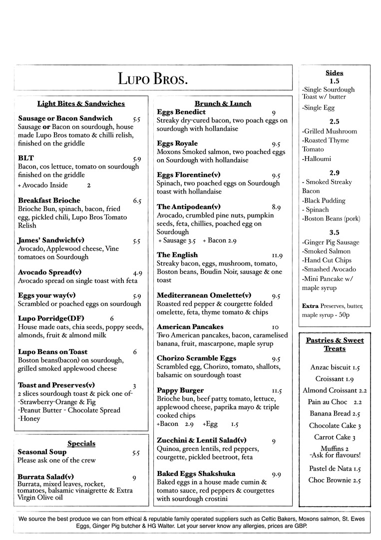 Lupo Bros Menus Brunch Coffee and Lunch